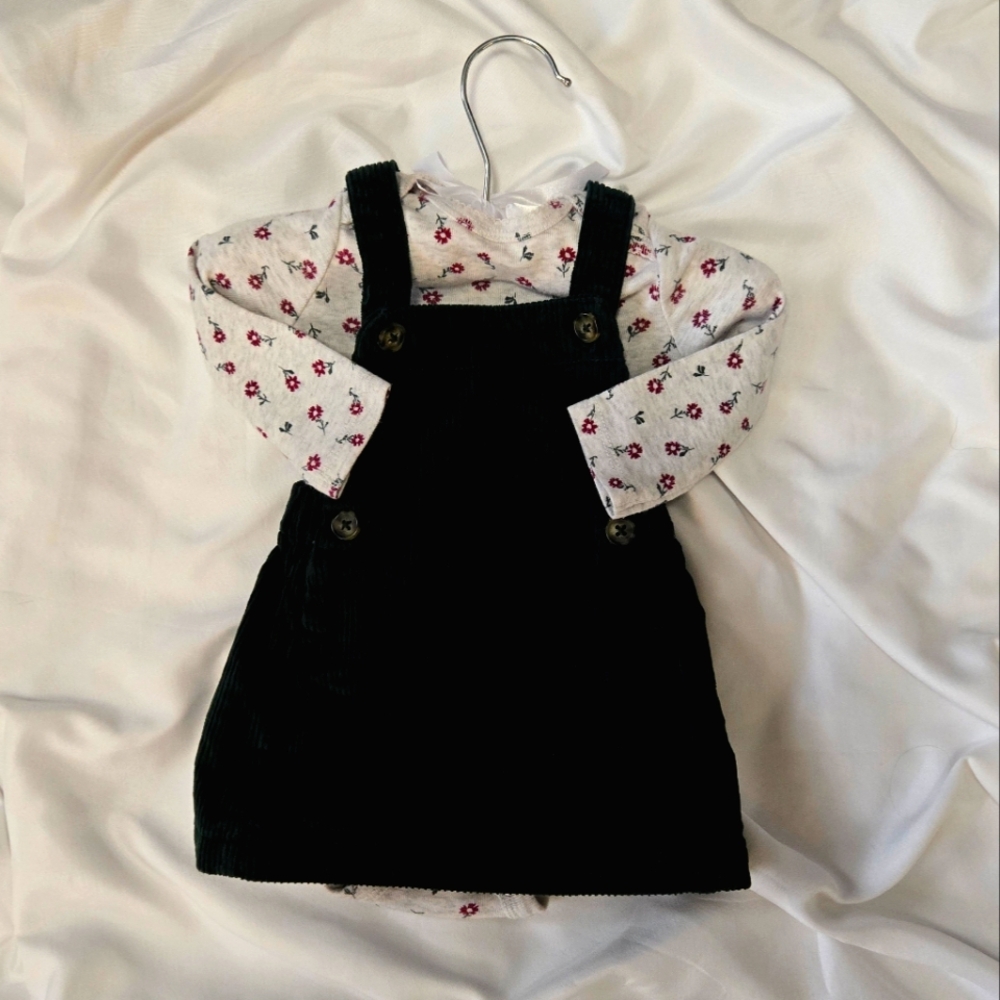 Green Corduroy Overall Dress with Floral Top
